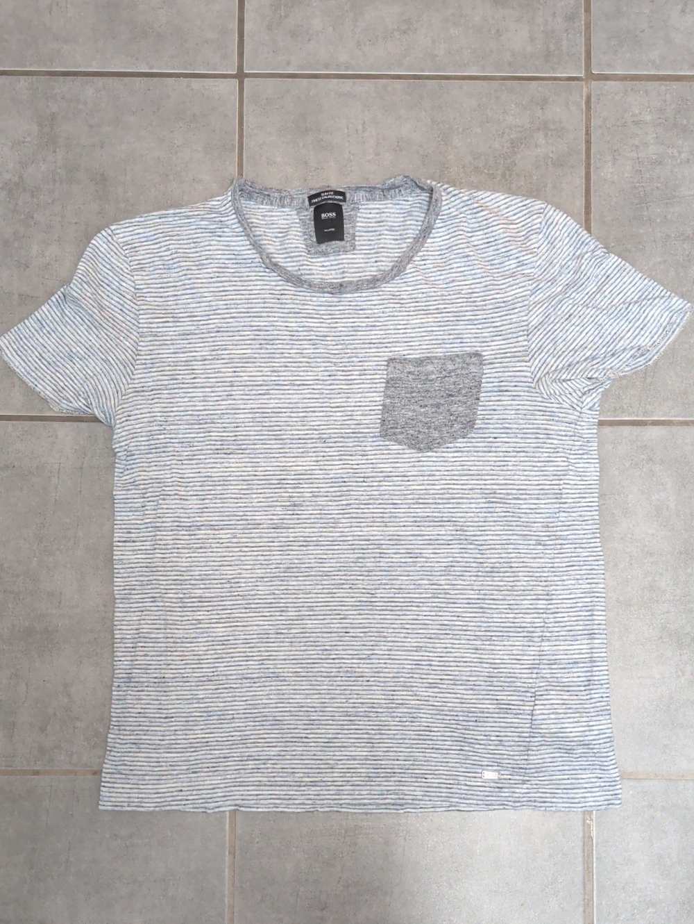BOSS 100% Linen Men / Women Gray/White Striped Pocket Tee